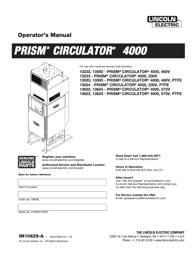 Page 1 de la notice Manuel utilisateur Lincoln Electric Prism Circulator 4000