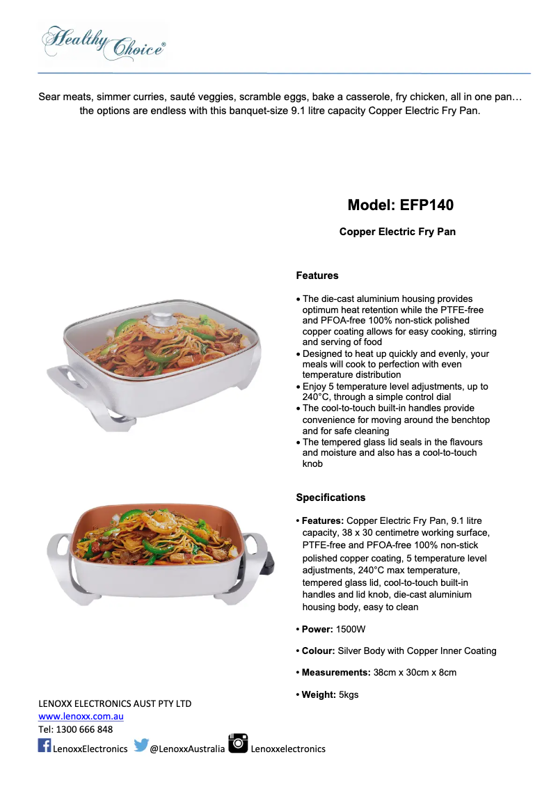 Page 1 de la notice Fiche technique Lenoxx Healthy Choice EFP140