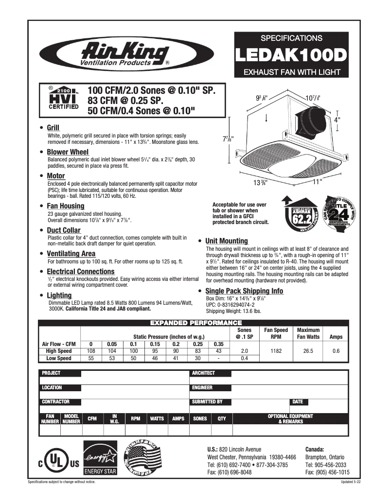 Page 1 de la notice Fiche technique Air King LEDAK100D