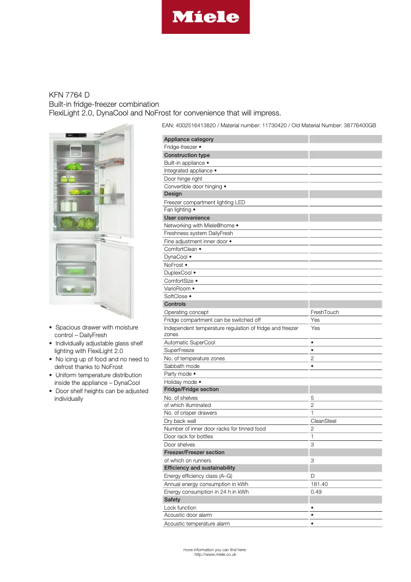 Page n°1 - Fiche technique Miele KFN 7764 D