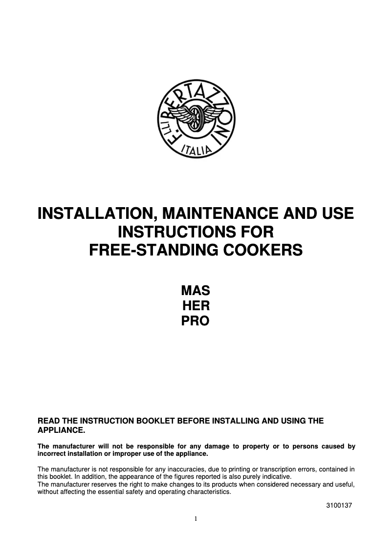 Page n°1 - Manuel utilisateur Bertazzoni PRO60 4 MFE S AR T