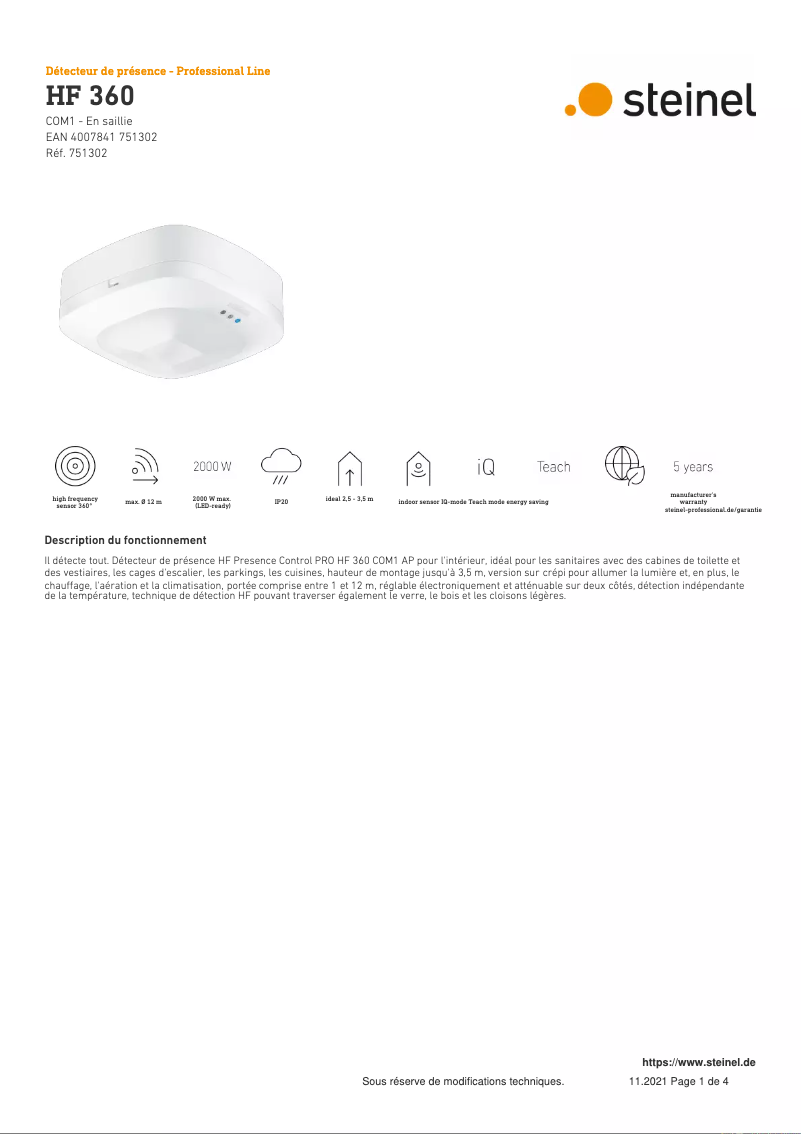 Page 1 de la notice Fiche technique Steinel HF 360