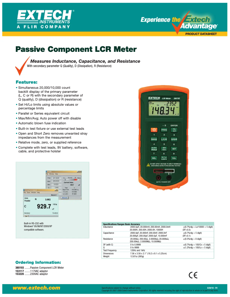 Page 1 de la notice Fiche technique Extech 380193