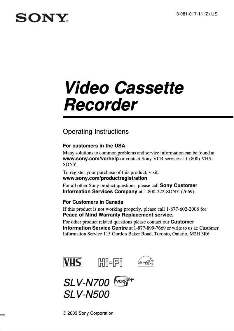 Image de la première page du manuel de l'appareil SLV-N700