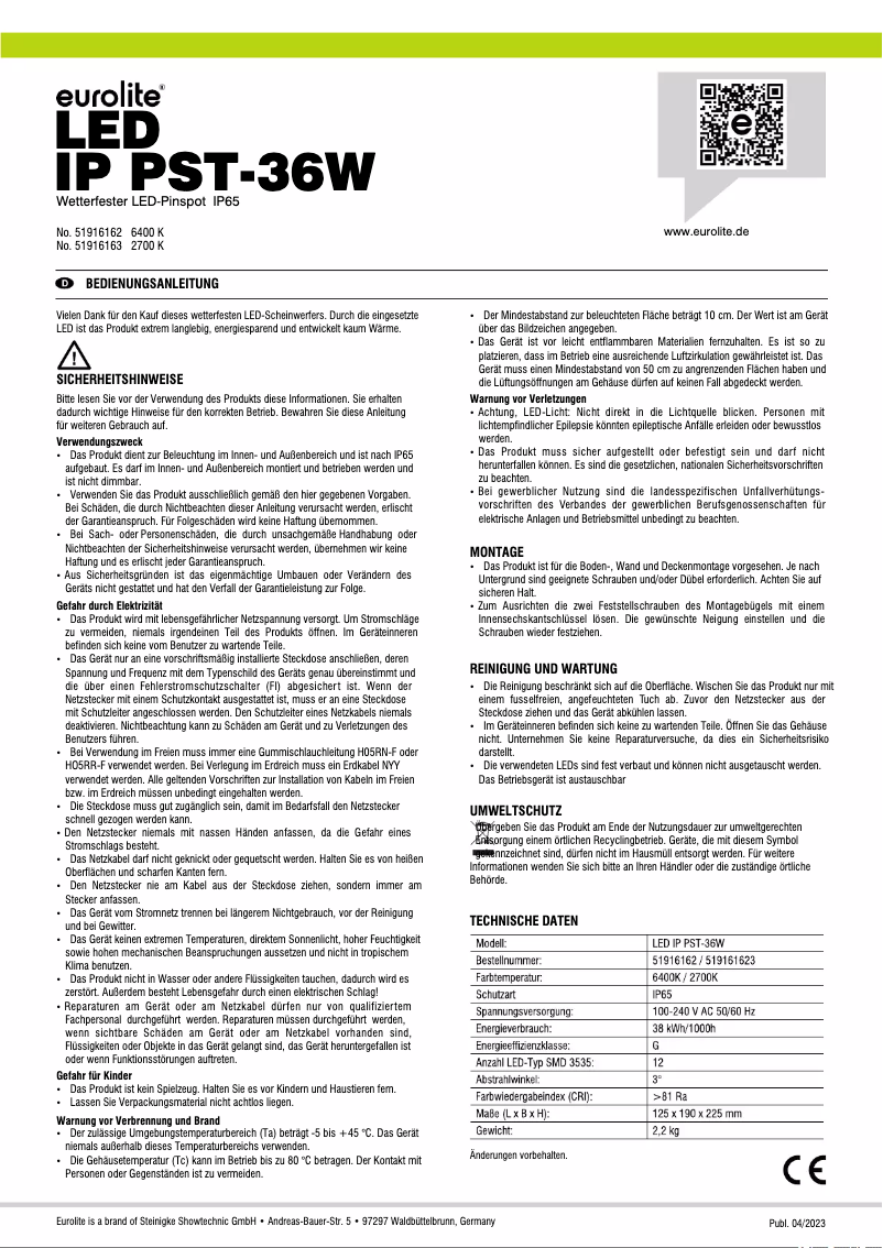 Image de la première page du manuel de l'appareil LED IP PST-36W