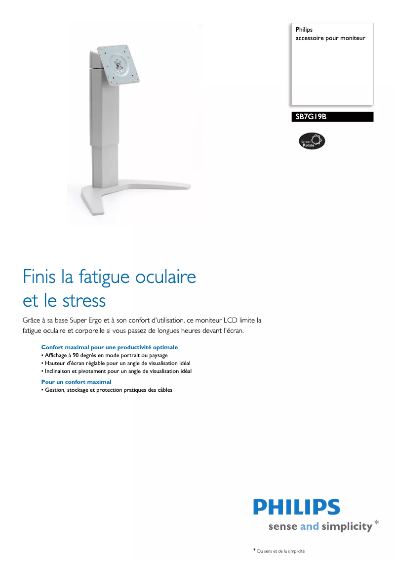 Page 1 de la notice Fiche technique Philips SB7G19B