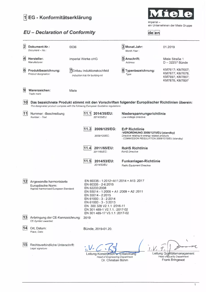 Page n°1 - Manuel utilisateur Miele KM 7878 FL