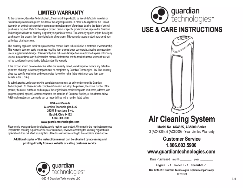 Page n°1 - Manuel utilisateur GermGuardian AC4825