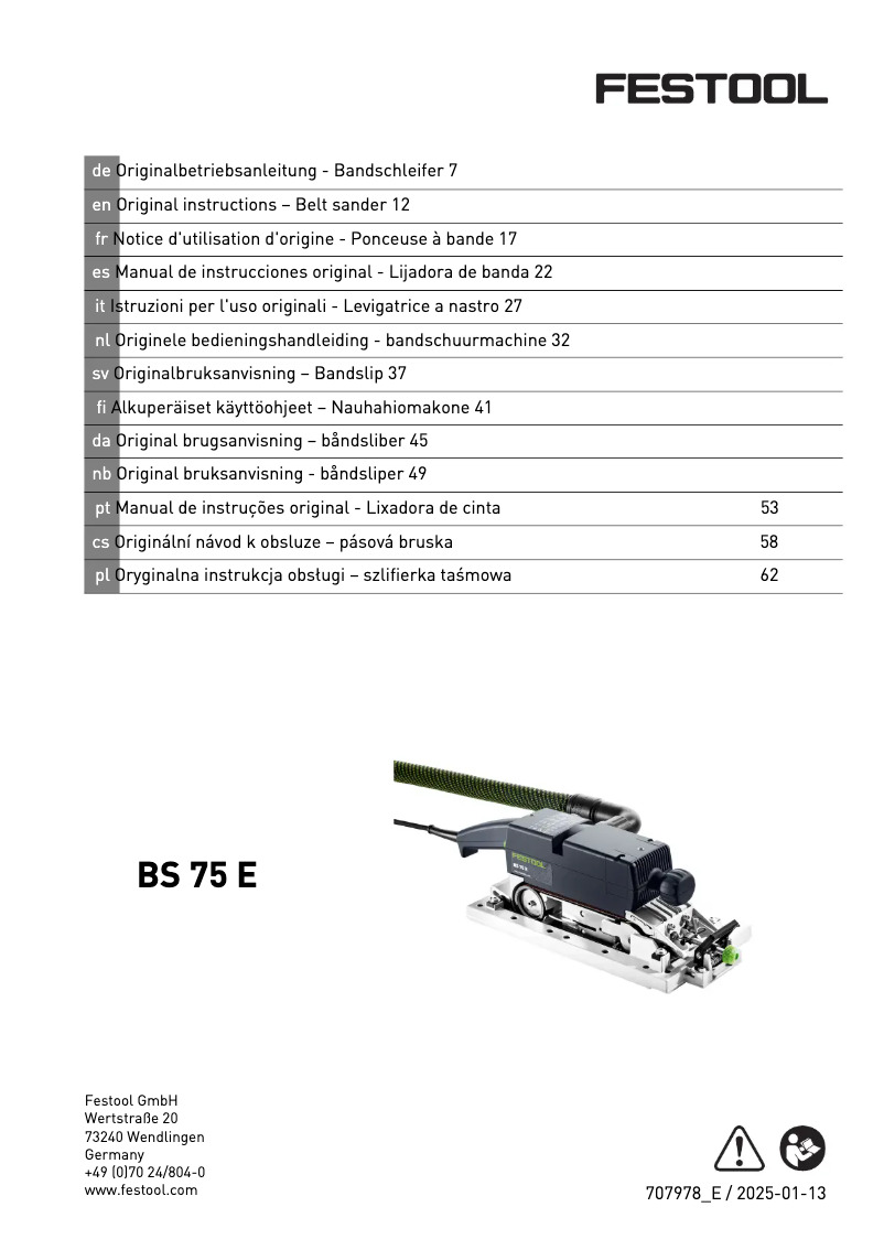 Page 1 de la notice Manuel utilisateur Festool BS 75 E-SET