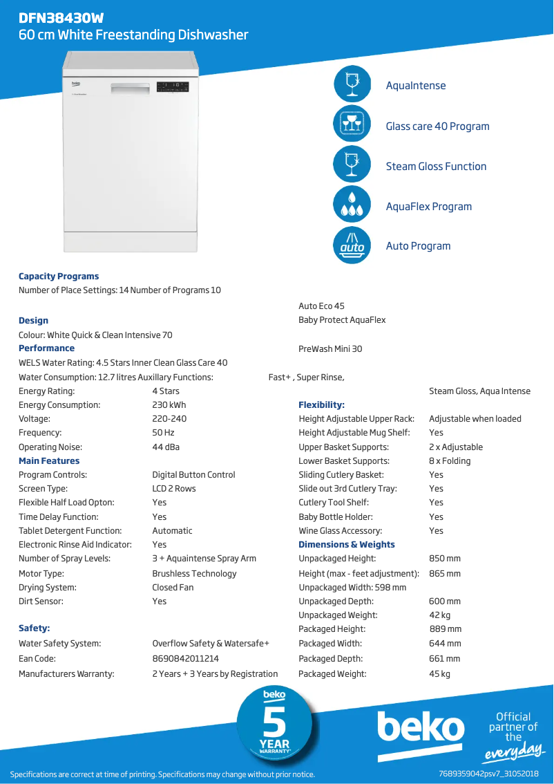 Page n°1 - Fiche technique Beko DFN38450W