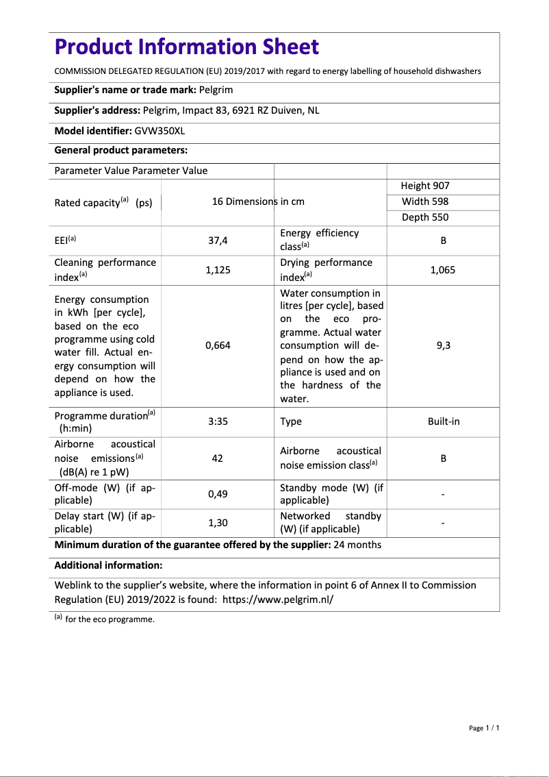 Page 1 de la notice Fiche technique Pelgrim GVW350XL