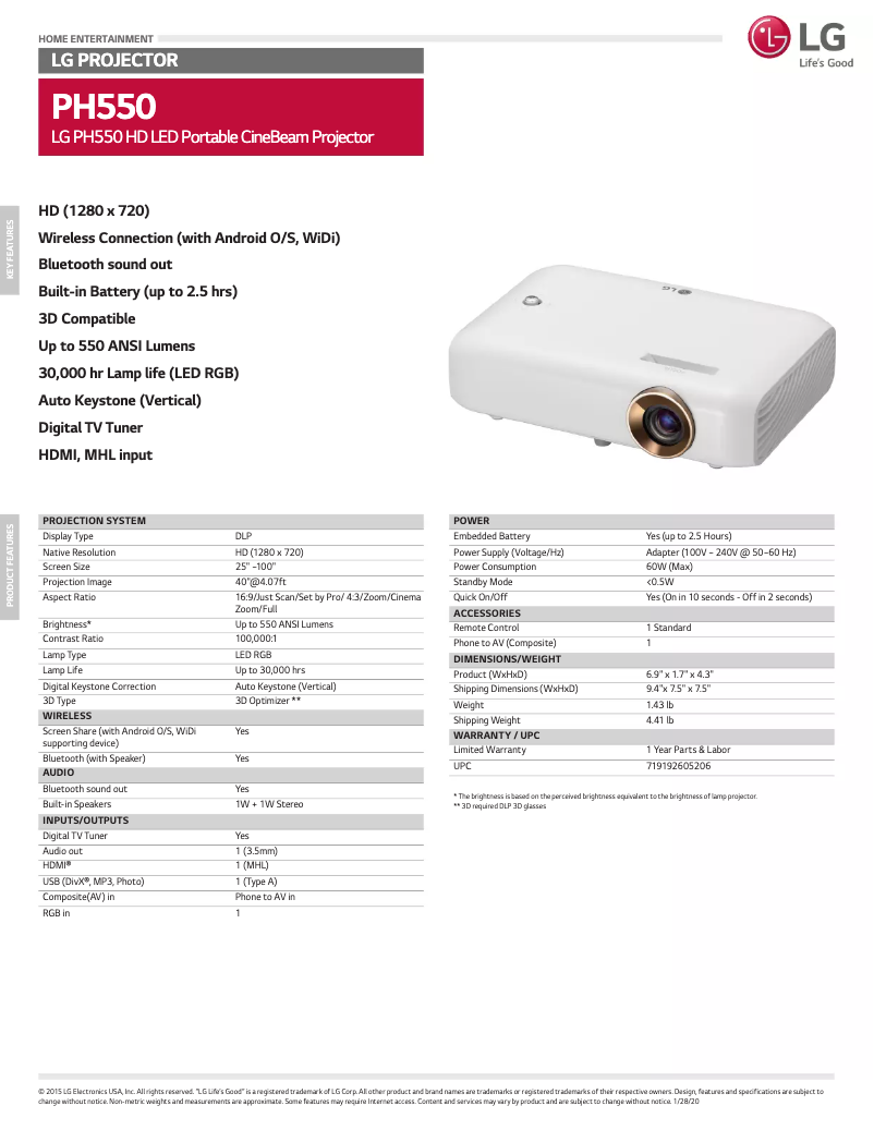Página 1 del manual Ficha técnica LG PH550