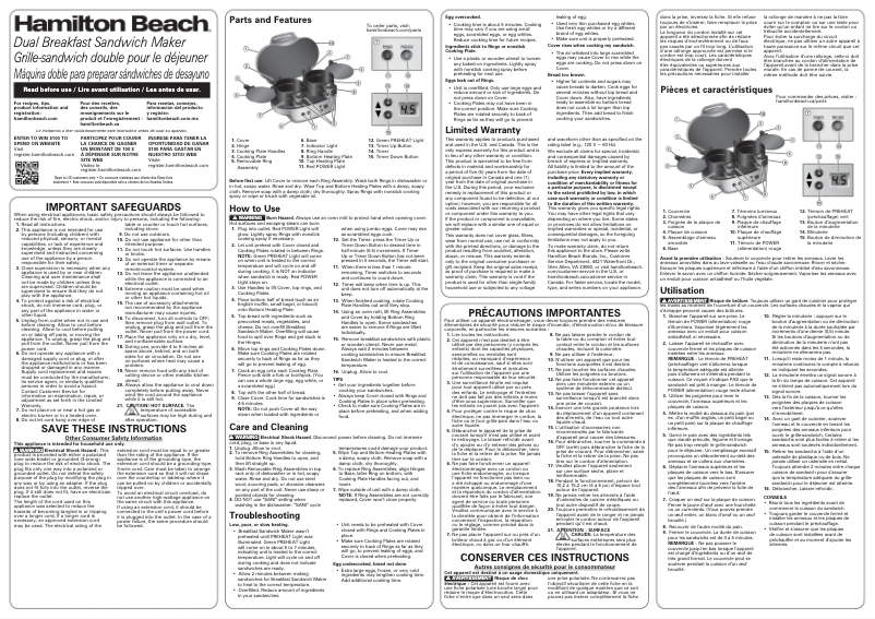 Page 1 de la notice Manuel d'utilisation et d'entretien Hamilton Beach 25490