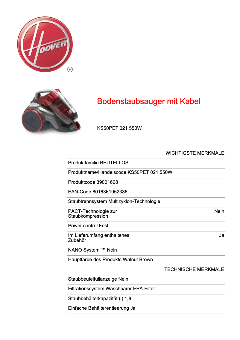 Página 1 del manual Ficha técnica Hoover KS50PET 021