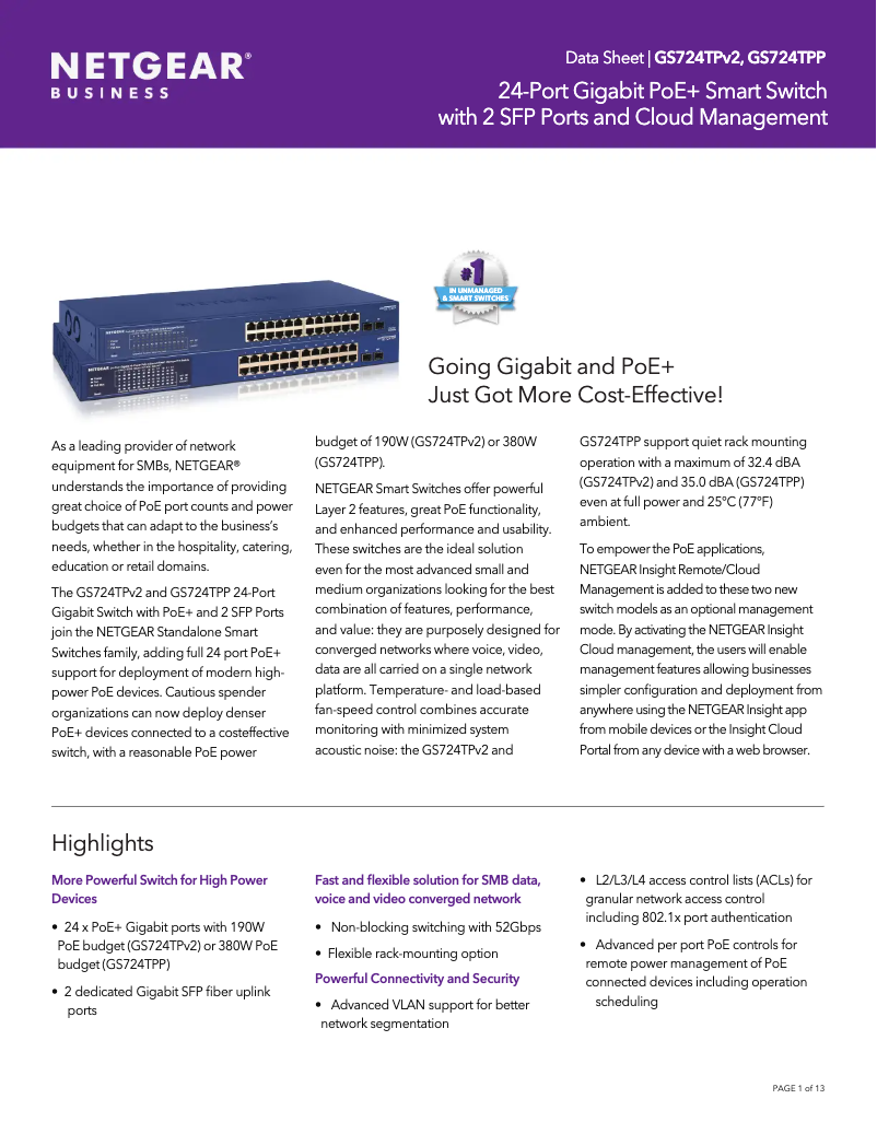 Página 1 del manual Ficha técnica Netgear ProSafe GS724TPv2