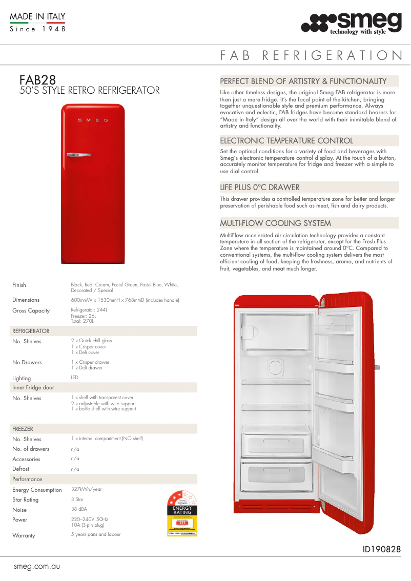 Page 1 de la notice Fiche technique Smeg FAB28LOR3