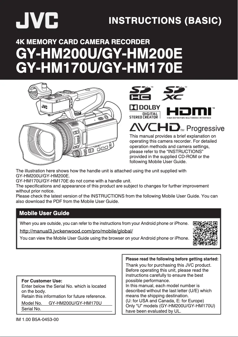 Page n°1 - Manuel utilisateur JVC GY-HM170