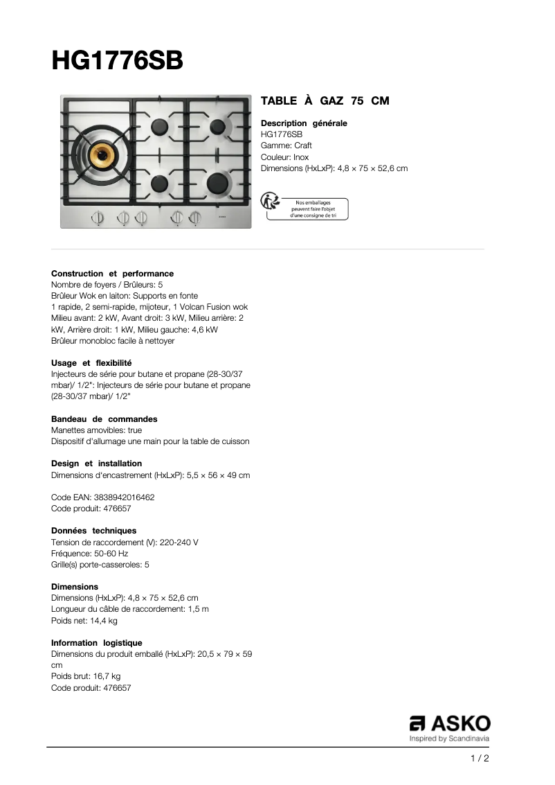 Page n°1 - Fiche technique Asko HG1776SB