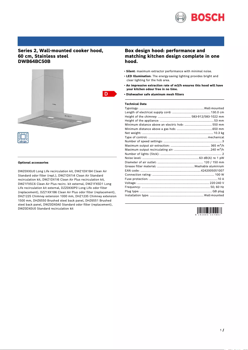 Page 1 de la notice Fiche technique Bosch Serie 2 DWB64BC50B