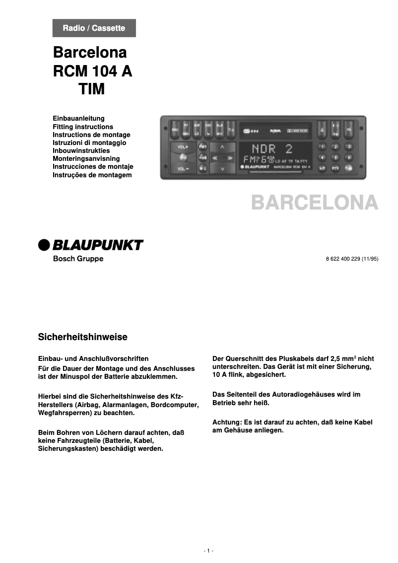 Page 1 de la notice Manuel utilisateur Blaupunkt Barcelona RCM 104 A