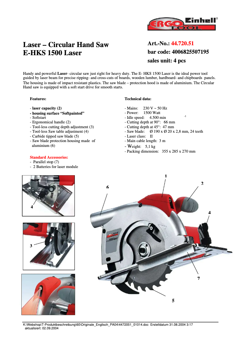 Page n°1 - Fiche technique Einhell E-HKS 1500-Laser