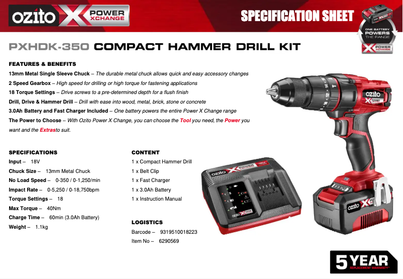 Page 1 de la notice Fiche technique Ozito PXHDK-350