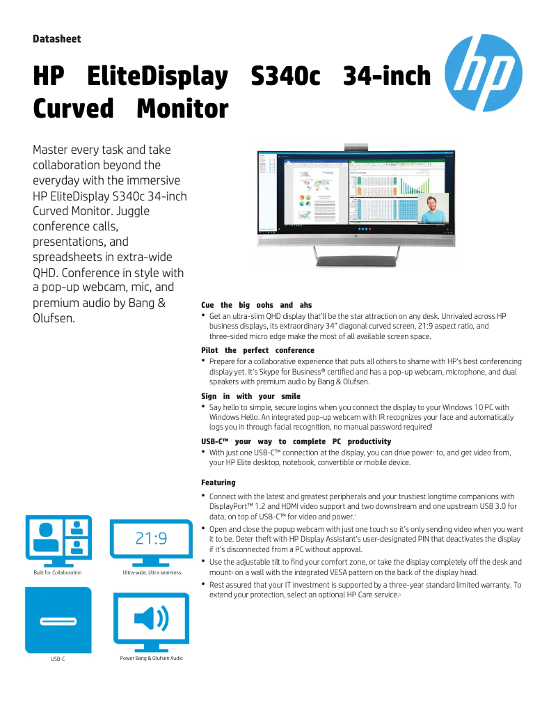 Page 1 de la notice Fiche technique HP EliteDisplay S340c