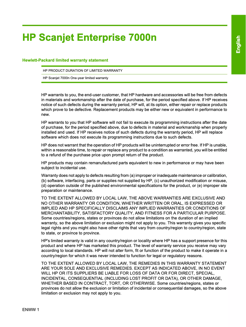 Page 1 de la notice Informations de garantie HP Scanjet 7000n