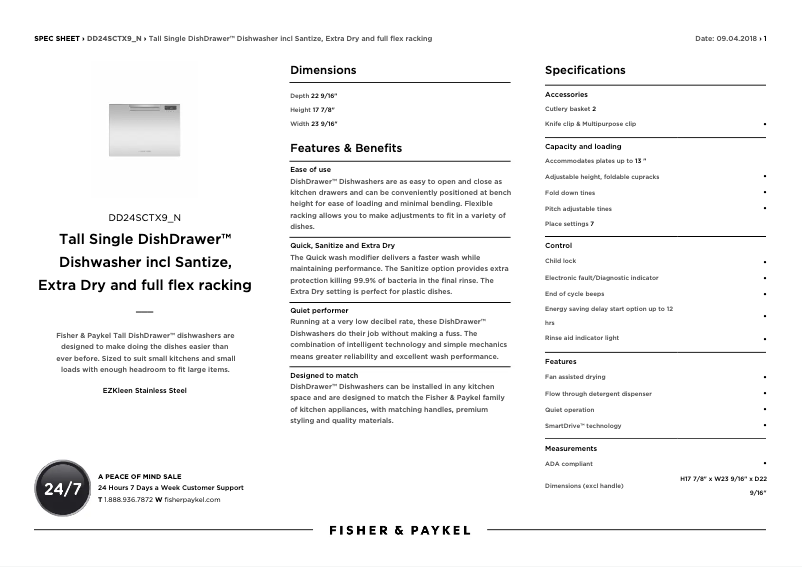 Page 1 de la notice Fiche technique Fisher & Paykel DD24SAX9N