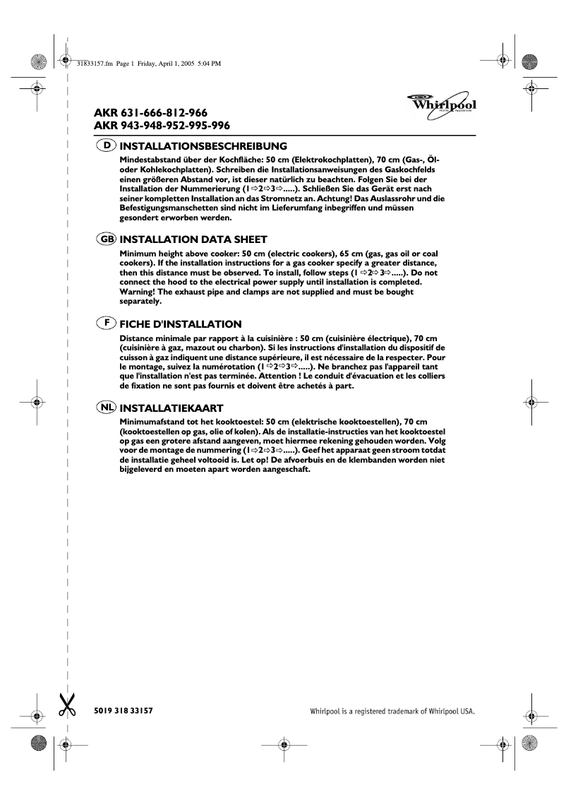Page 1 de la notice Manuel utilisateur Whirlpool AKR 812 IX