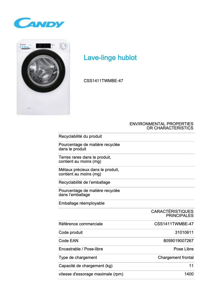Page 1 de la notice Fiche technique Candy CSS1411TWMBE-47