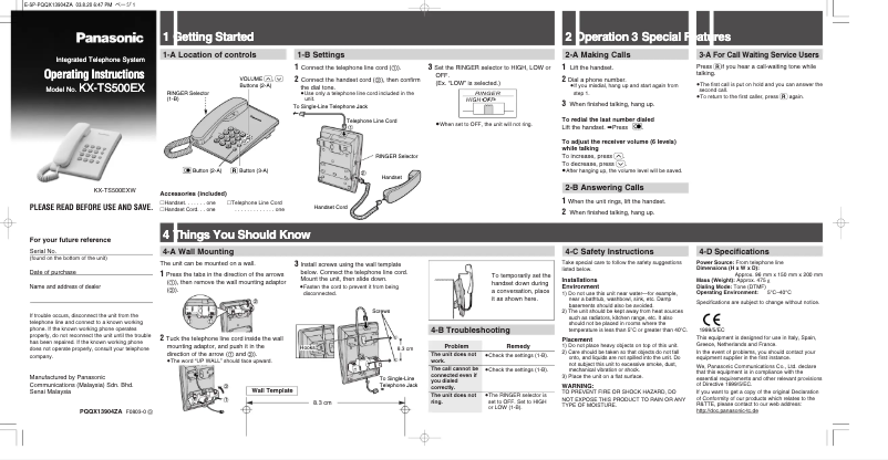 Imagen de la primera página del manual del dispositivo KX-TS500EXB