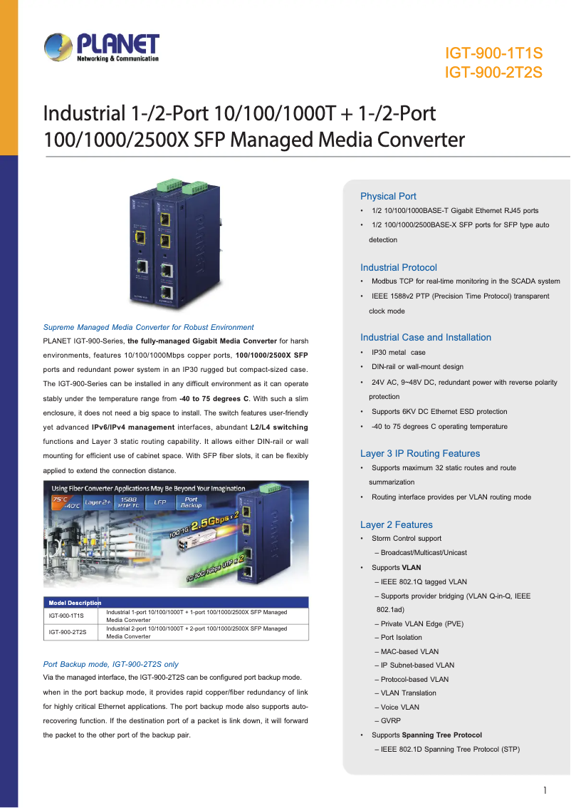 Page 1 de la notice Fiche technique Planet IGT-900-2T2S