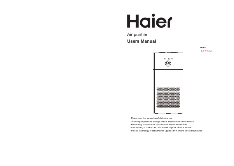 Page 1 de la notice Manuel utilisateur Haier KJF400KBAA
