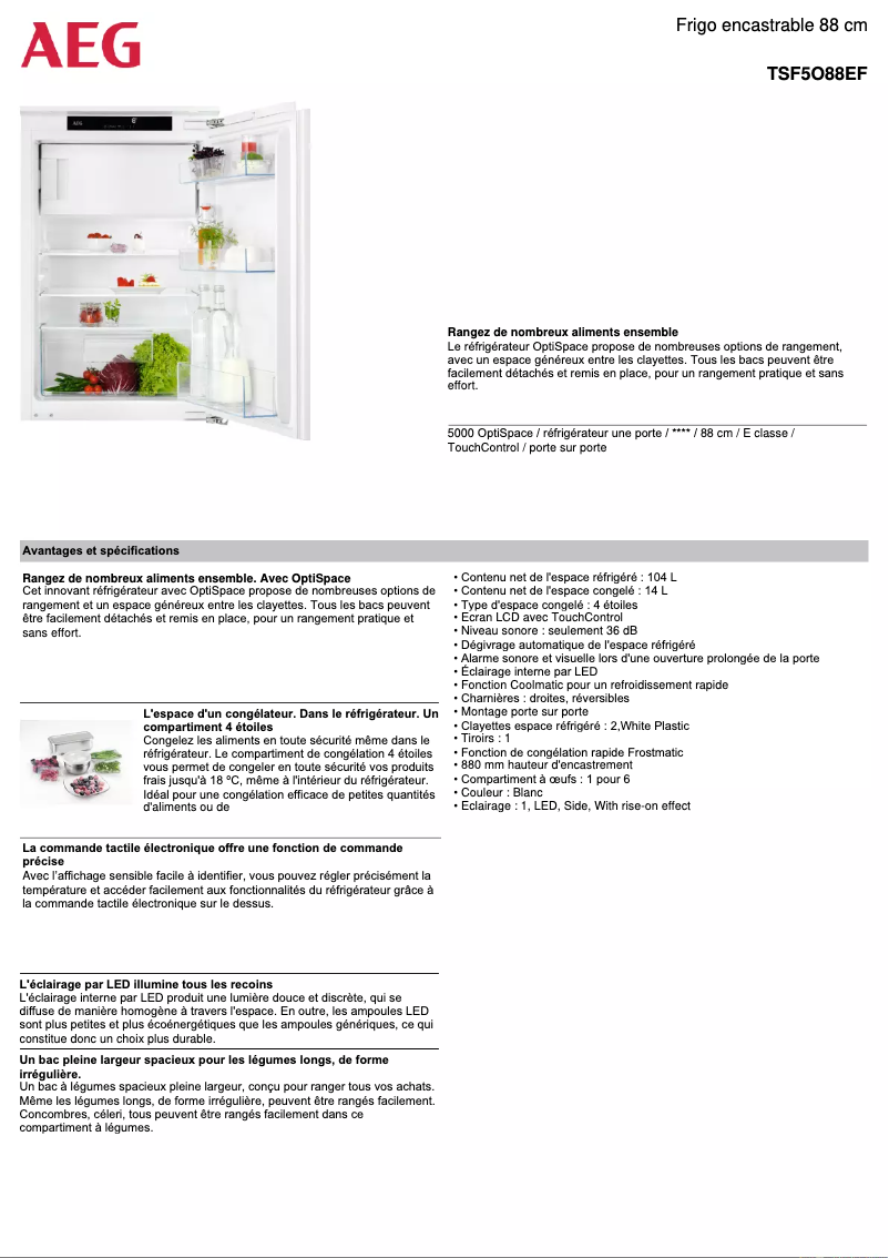 Page 1 de la notice Fiche technique AEG TSF5O88EF