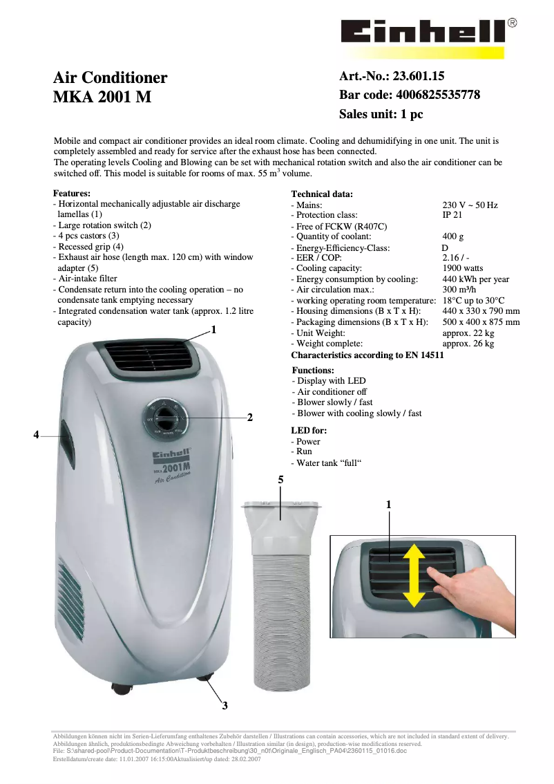 Página 1 del manual Ficha técnica Einhell MKA 2001M