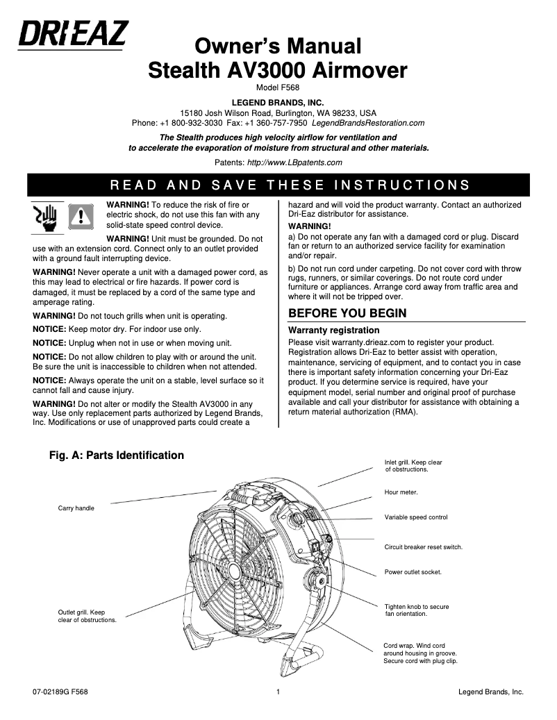 Page 1 de la notice Manuel utilisateur Dri Eaz Stealth AV3000