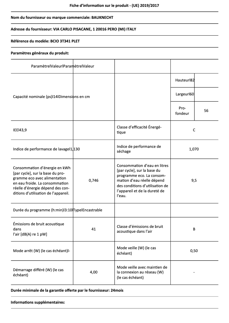 Page 1 de la notice Fiche technique Bauknecht BCIO 3T341 PLET