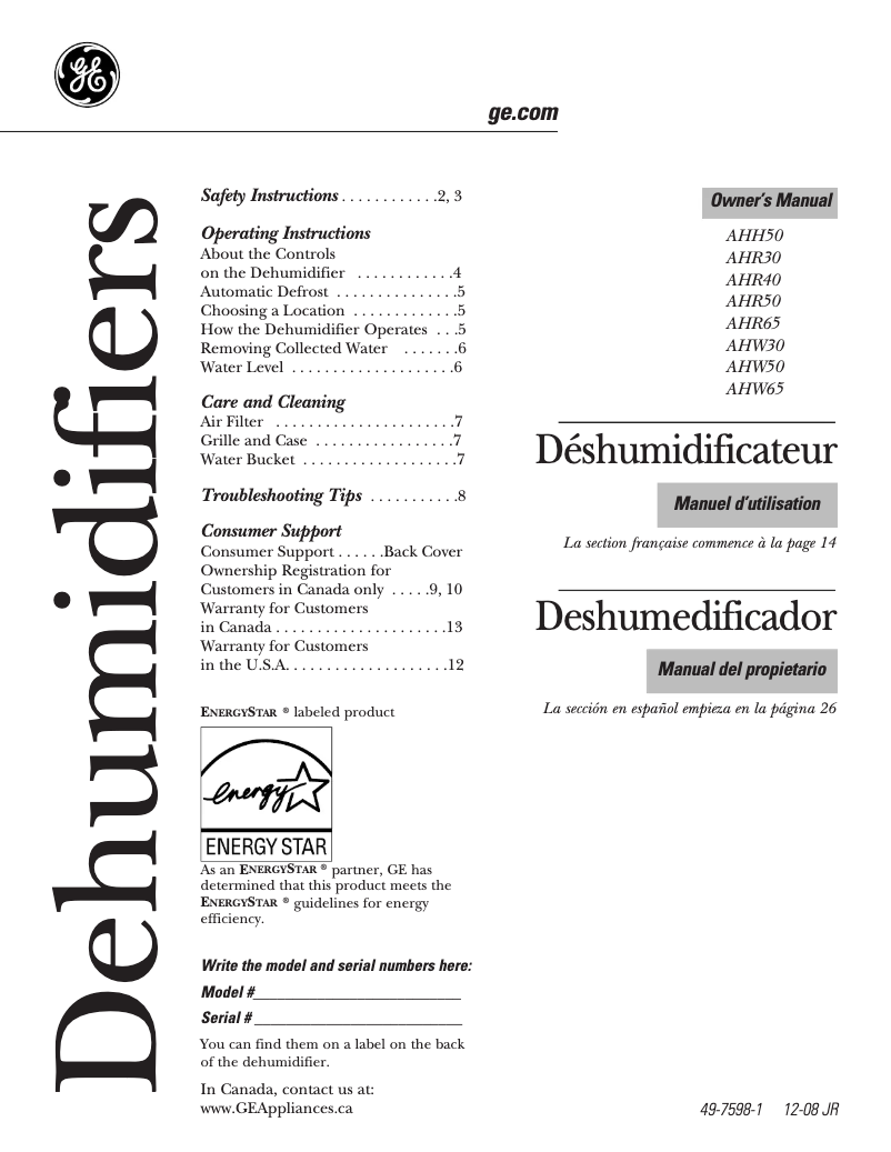 Page 1 de la notice Manuel d'utilisation et d'entretien GE AHR65LM