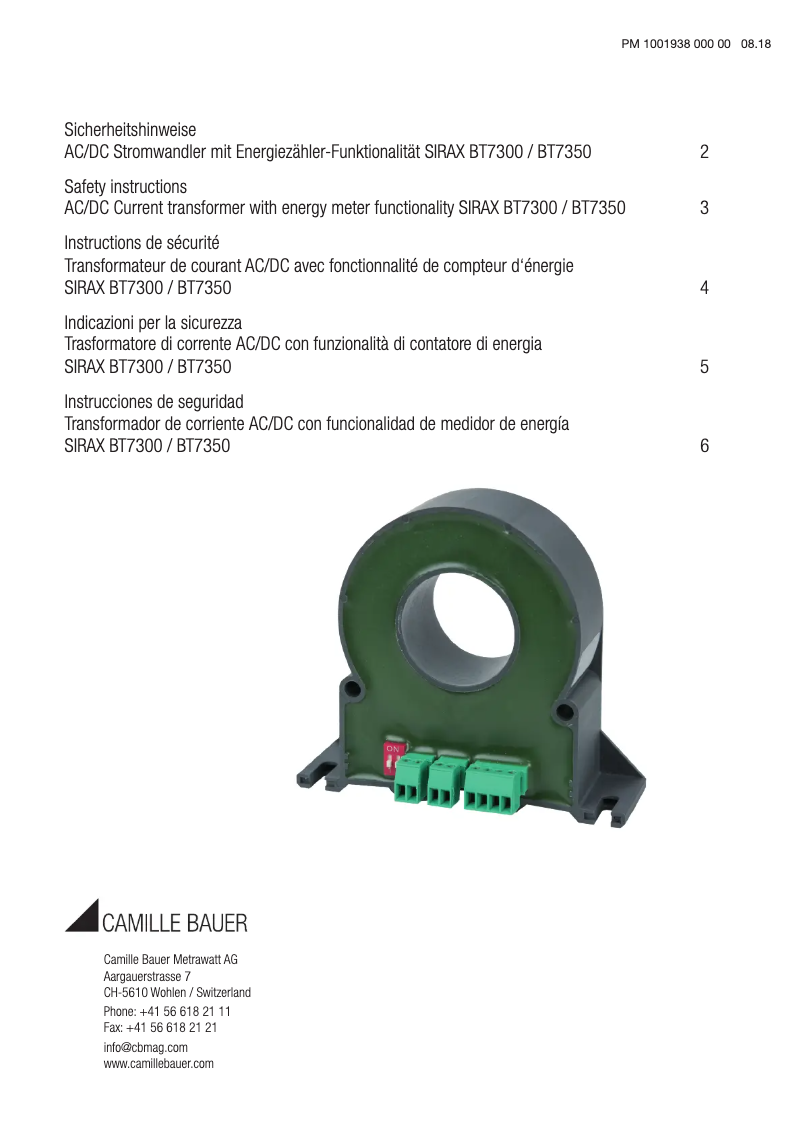 Page 1 de la notice Instructions de sécurité Camille Bauer SIRAX BT7350