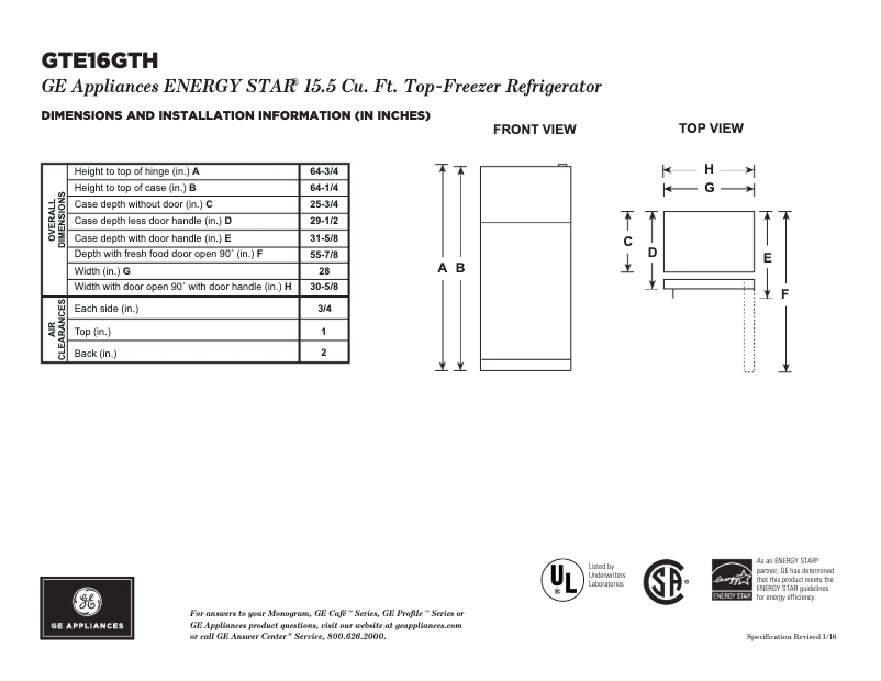 Imagen de la primera página del manual del dispositivo GTE16GTHWW