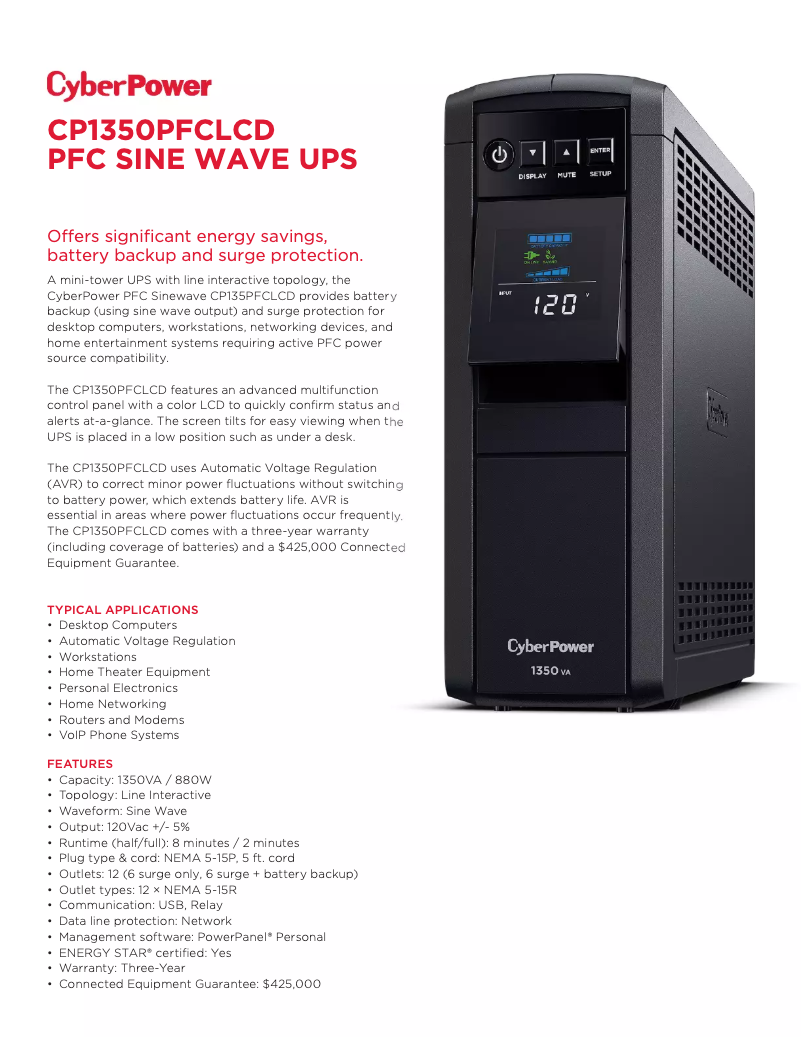 Página 1 del manual Ficha técnica CyberPower CP1350PFCLCD