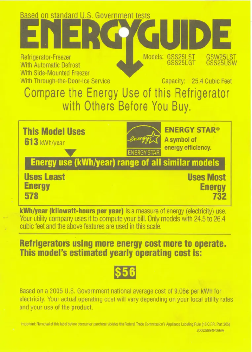 Page 1 de la notice Label énergétique GE GSS25LGTWW