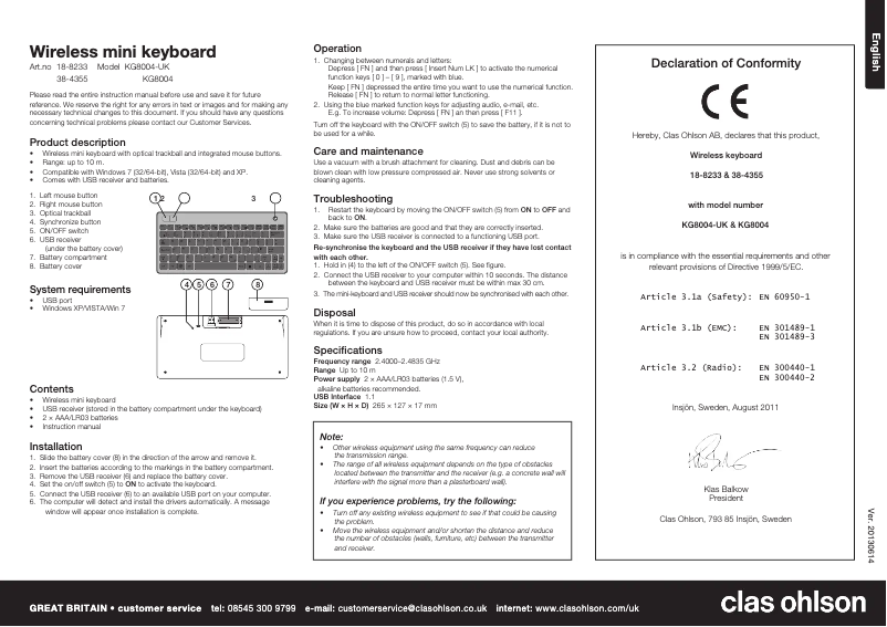Page n°1 - Manuel utilisateur Clas Ohlson KG8004