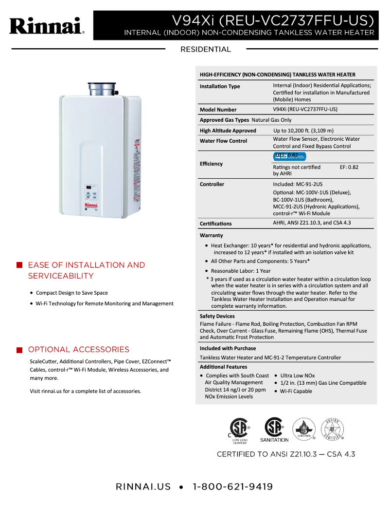 Página 1 del manual Ficha técnica Rinnai V94XiN