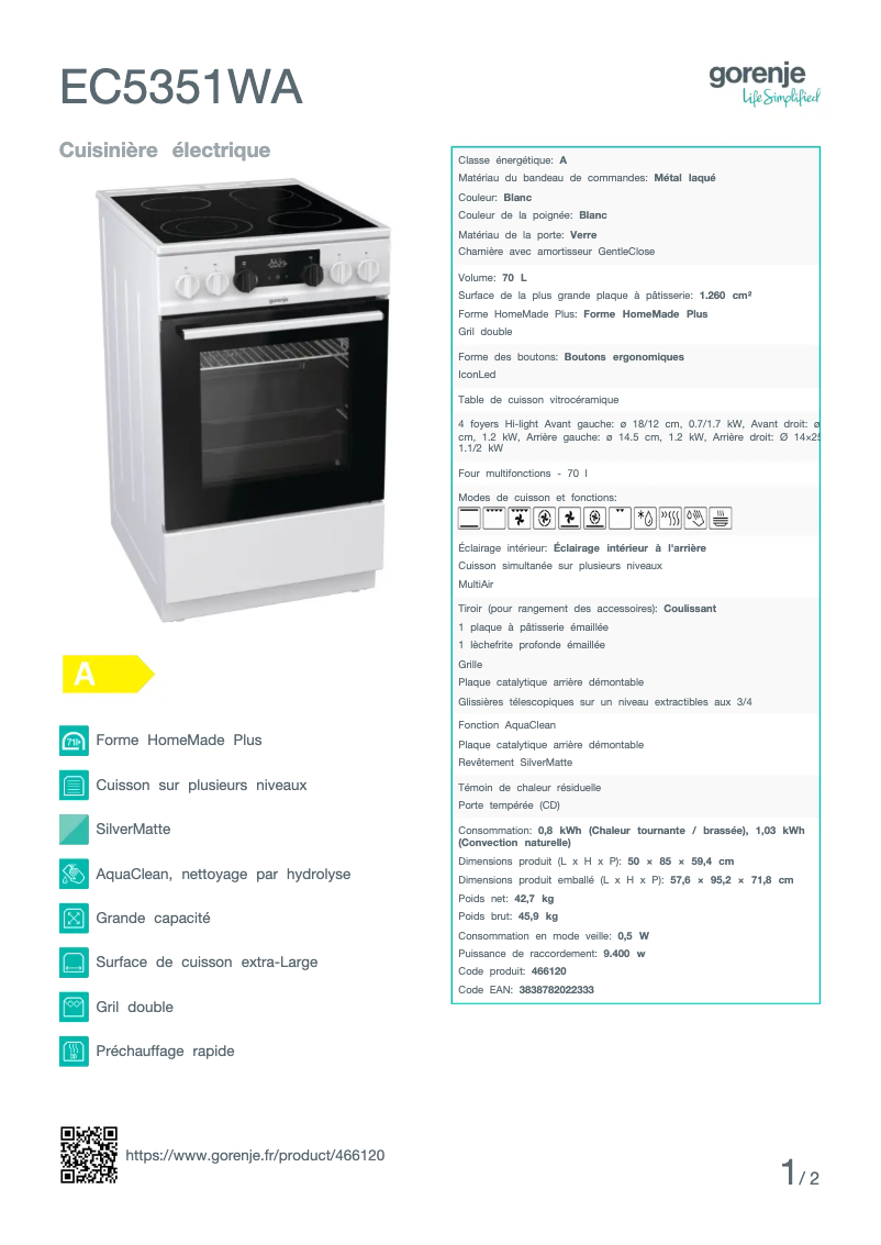 Page n°1 - Fiche technique Gorenje EC5351WA