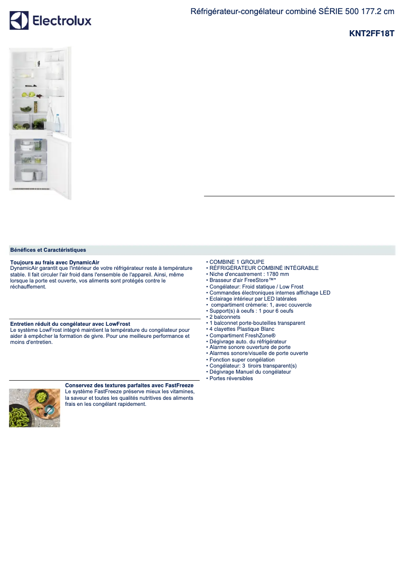 Page 1 de la notice Fiche technique Electrolux KNT2FF18T