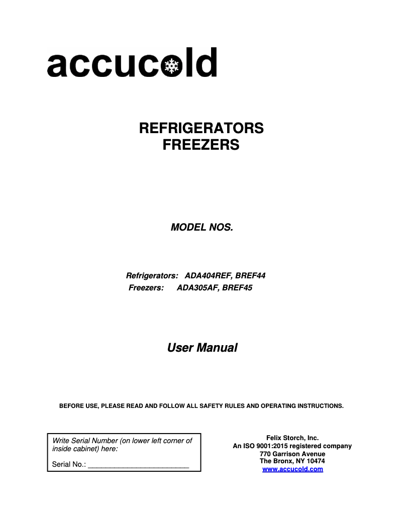 Page 1 de la notice Manuel utilisateur Accucold ADA305AFSSTBC