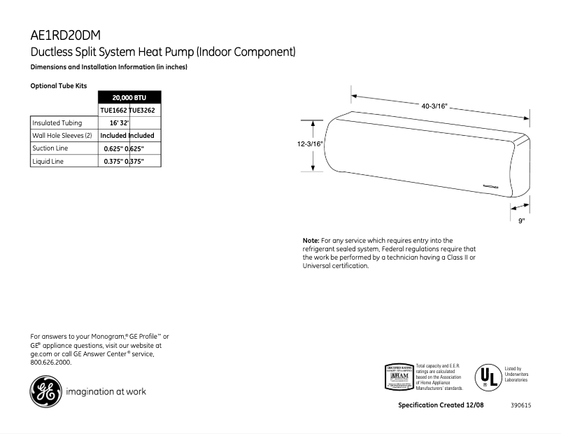 Page n°1 - Fiche technique GE AE1RD20DM