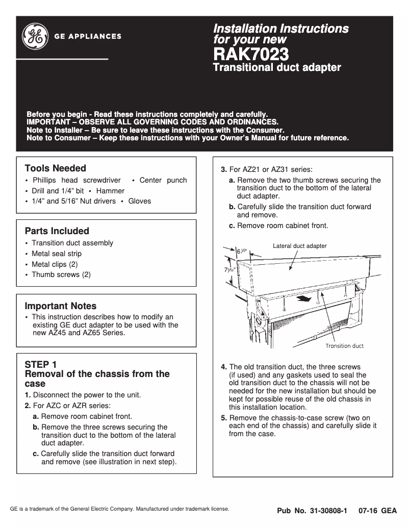 Page 1 de la notice Manuel utilisateur GE RAK7023